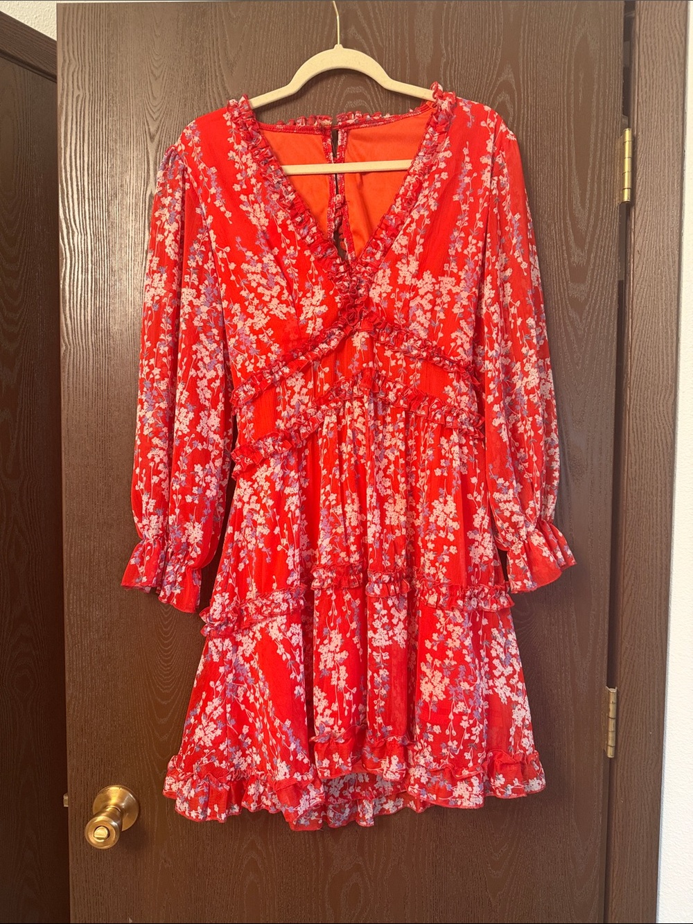 Bright Red Floral Tiered V-Neck Long Sleeve Dress